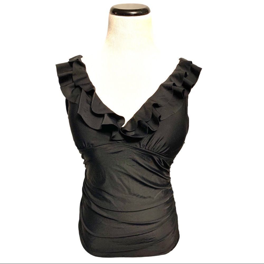 New! Yonique Black Ruffled Tankini Top Sz S